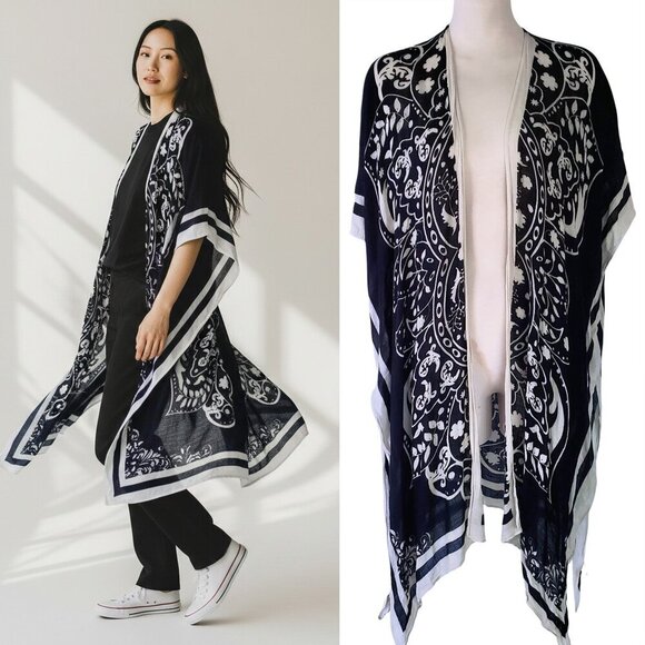 Yak N Yeti Other - Yak & Yedi Black & White Gauzy Flowing Kimono Shawl Midi Coastal Cowgirl O/S